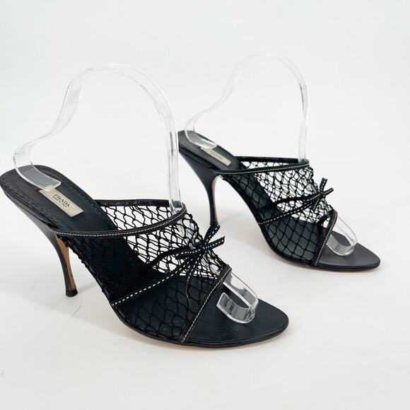 Prada Vintage Black Fishnet Bow Detail Retro Mule Slide Sandal Heel size IT 38.5 - Picture 1 of 11